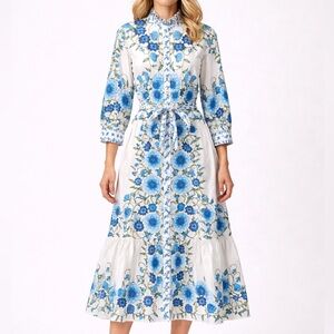 Borgo De Nor Dress 14 US 8 Blue Floral Ruffle Midi Shirt Boho Long Sleeve Resort